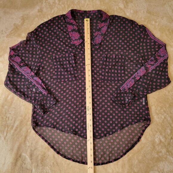Free People Black Floral Button Blouse Long Sleeves Pockets Semi Sheer XS Hi Low - Picture 4 of 12